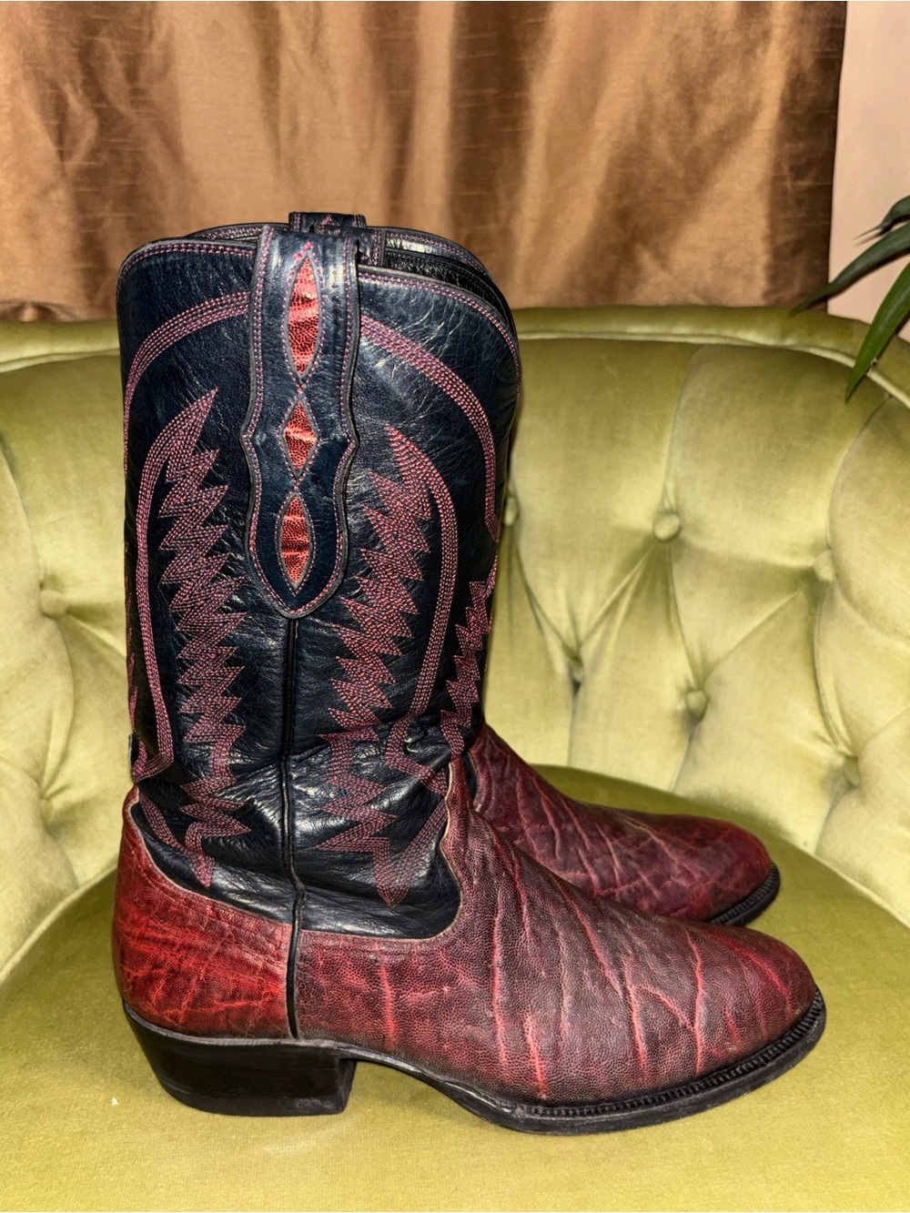 Men’s Custom Loveless Embroidered Cowboy Boots Elephant Print Burgundy Sz 9.5